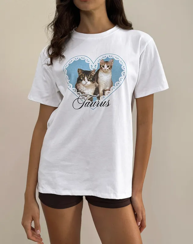 Oversize Basic Tee in White with Taurus Motel Pet Print sold by Motel Rocks