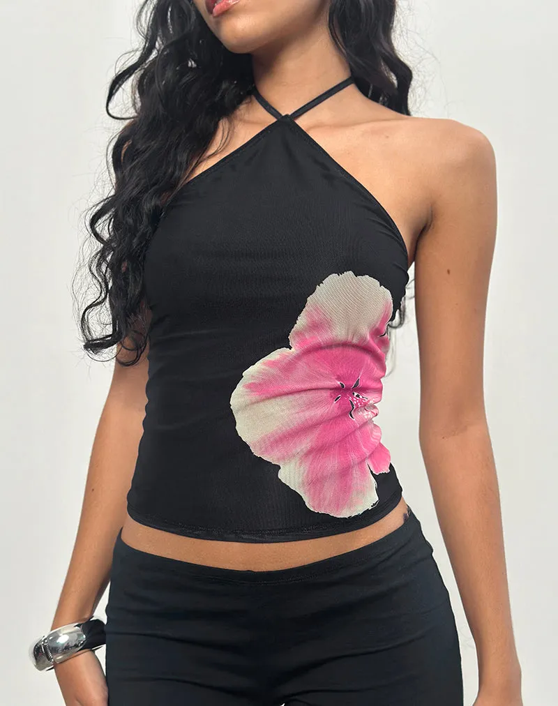 Arira Halterneck Top in Black with Pink Watercolour Flower sold by Motel Rocks product image thumbnail 5