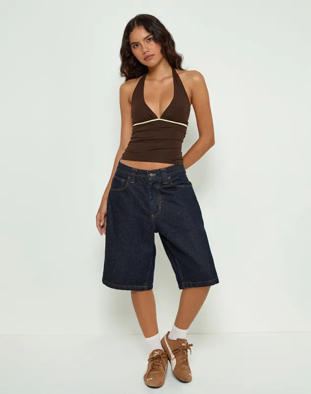 Abeth Halterneck Top in Chocolate Brown with Lemon Piping sold by Motel Rocks