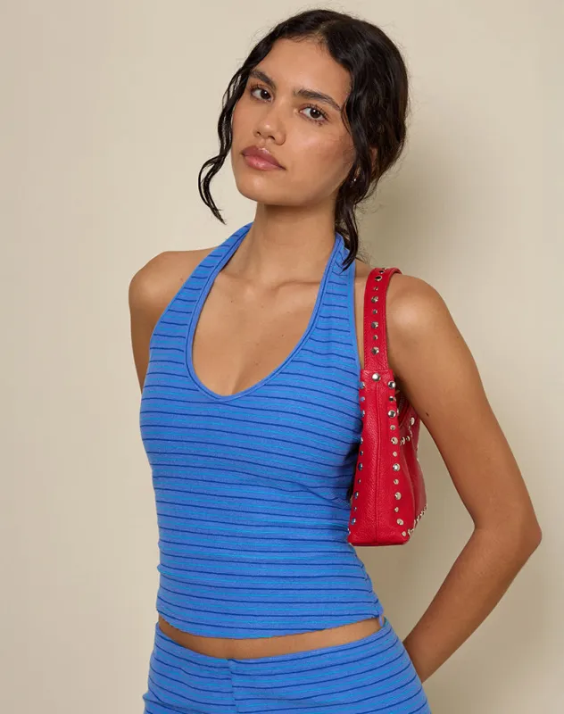 Jules Top in Towelling Blue Stripe sold by Motel Rocks
