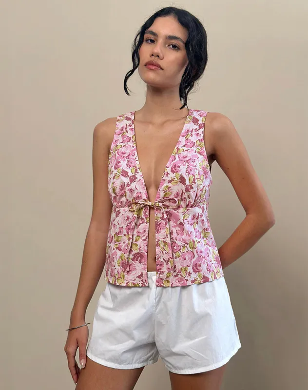 Leda Tie Front Top in Blossom Floral Pink sold by Motel Rocks