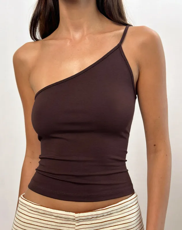 Vey One Shoulder Basic Top in Bitter Chocolate sold by Motel Rocks
