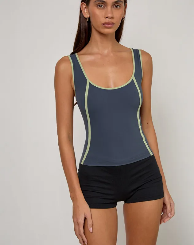 Pilon Vest top in Navy with Sage Binding sold by Motel Rocks