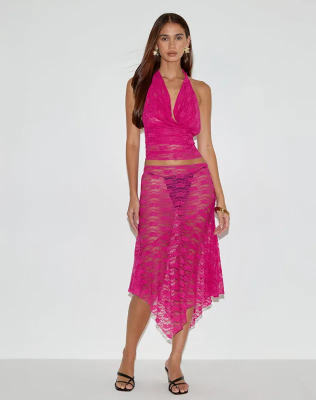 Cinta Low Rise Midi Skirt in Orchid Lace Hot Pink sold by Motel Rocks