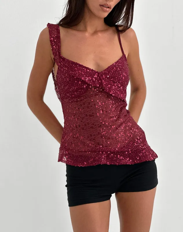 Iranila Asymmetric Top in Gauzy Sequin Red sold by Motel Rocks
