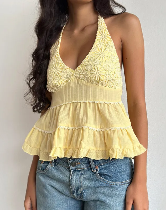 Juanita Frill Halterneck Top in Yellow sold by Motel Rocks