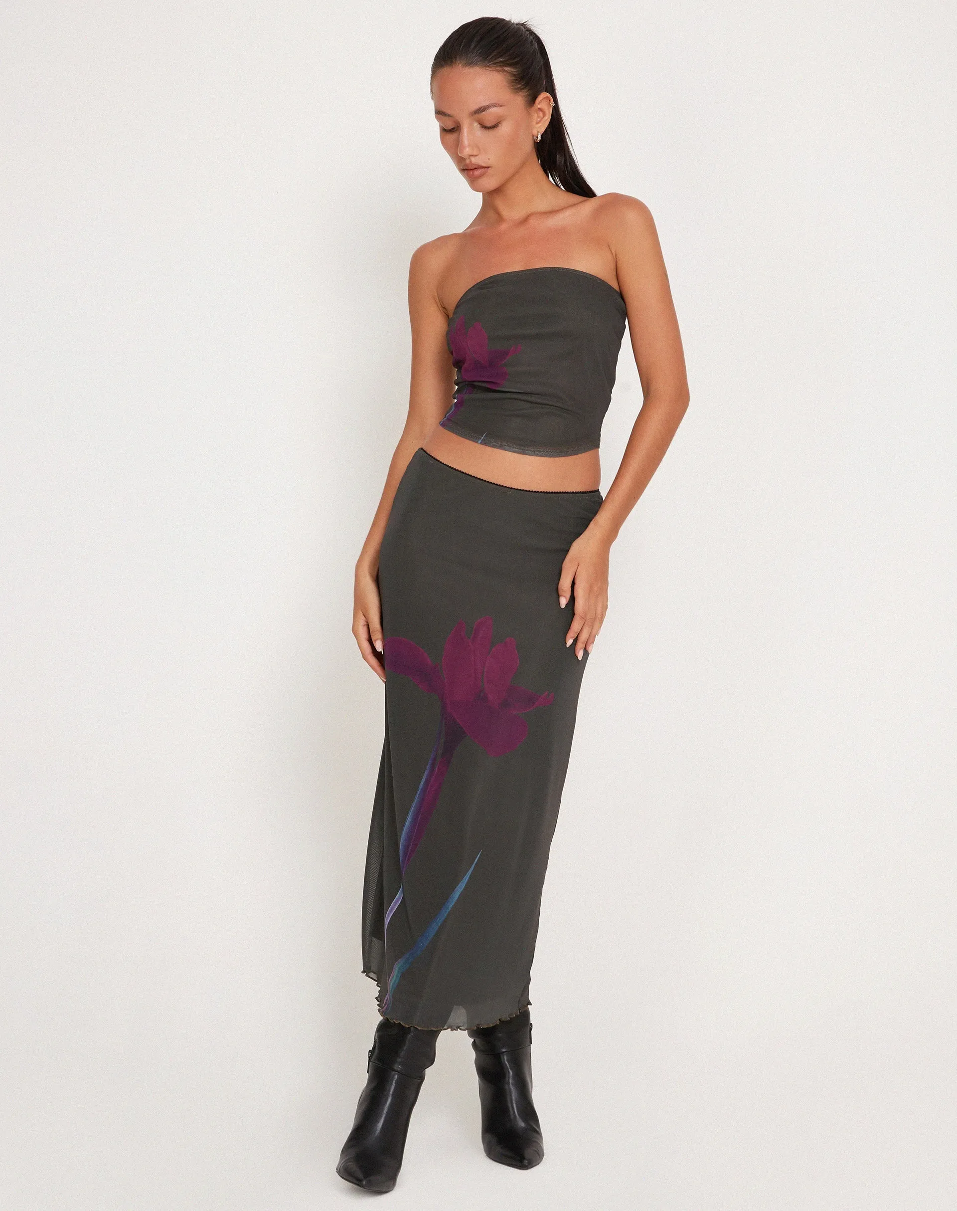 Lassie Maxi Skirt in Green with Purple Flower Print sold by Motel Rocks product image thumbnail 5