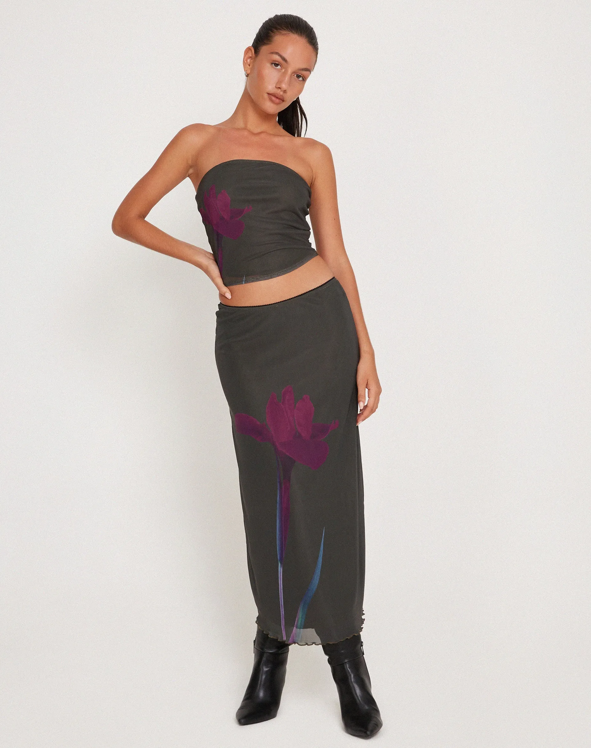 Lassie Maxi Skirt in Green with Purple Flower Print sold by Motel Rocks product image thumbnail 3