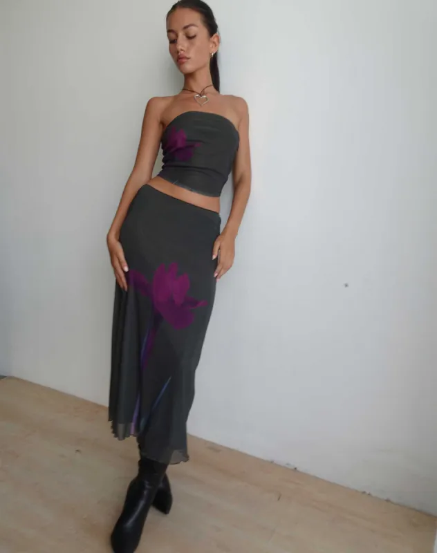 Lassie Maxi Skirt in Green with Purple Flower Print sold by Motel Rocks