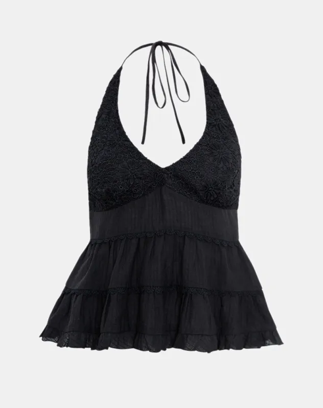 Juanita Frill Halter Neck Top in Black sold by Motel Rocks