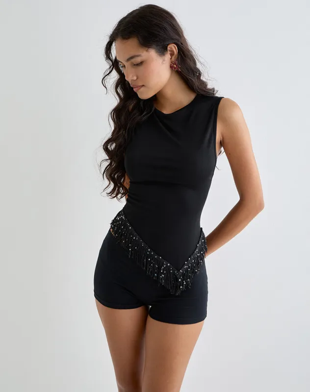 Dusya Fringe Trim Top in Cupro Black made by Motel Rocks