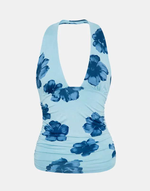 Cosimo Halterneck Top in Bold Floral Blue sold by Motel Rocks
