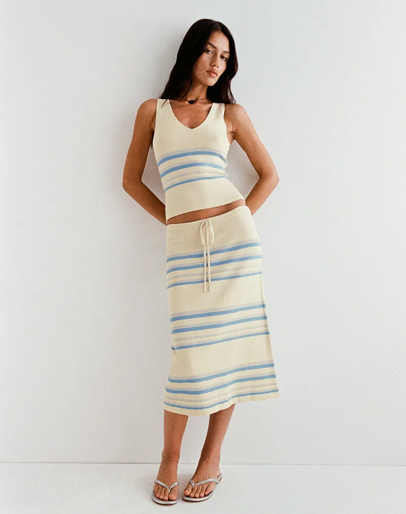 Amalia Midi Skirt in Cream with Blue and Grey Stripes sold by Motel Rocks