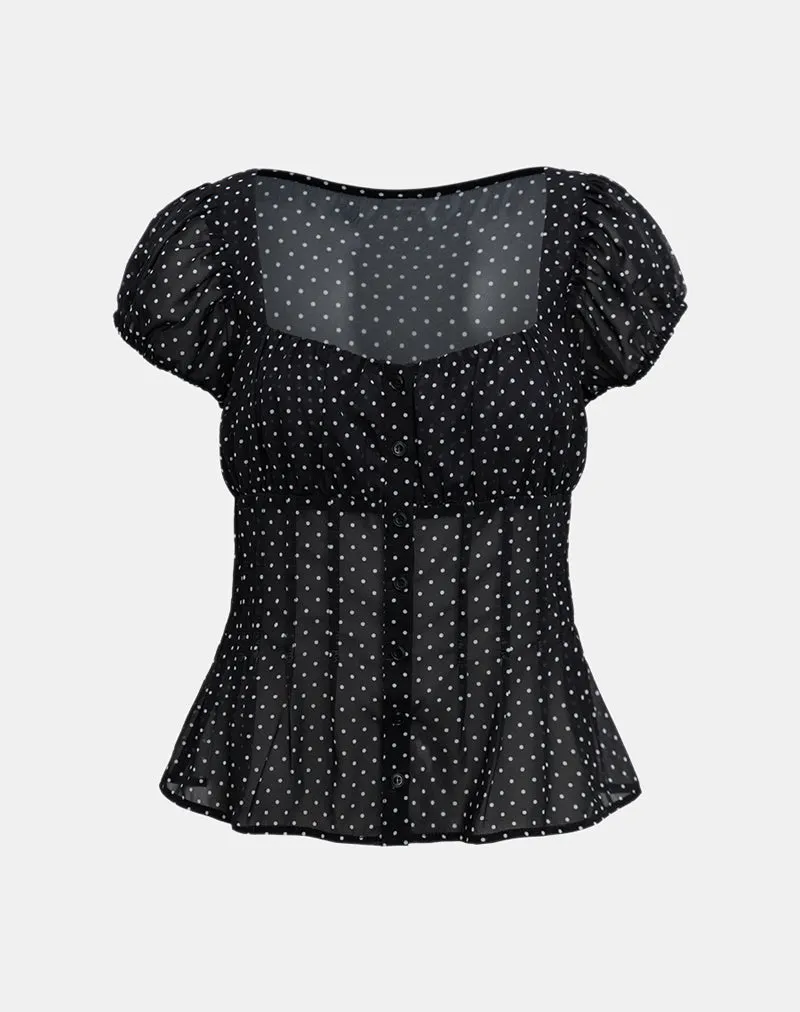 Rolina Blouse in Chiffon Mini Polka Black sold by Motel Rocks