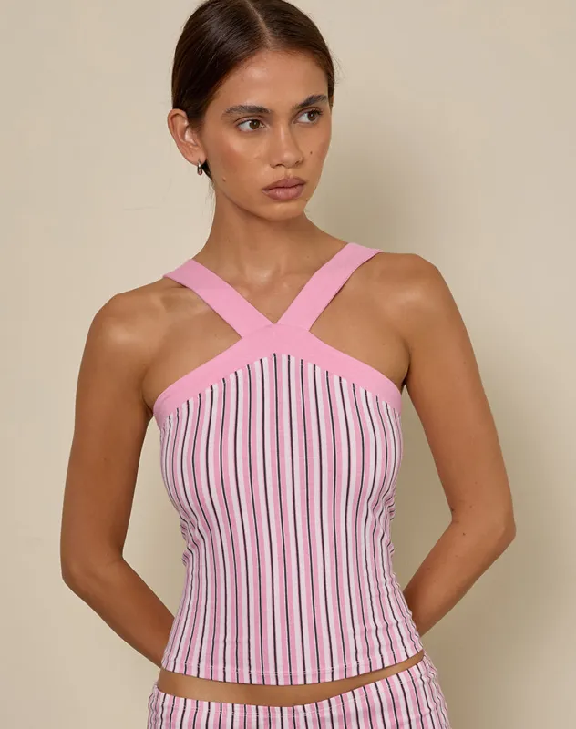 Myer Wide Strap Halterneck Top in Pinstripe Pink made by Motel Rocks