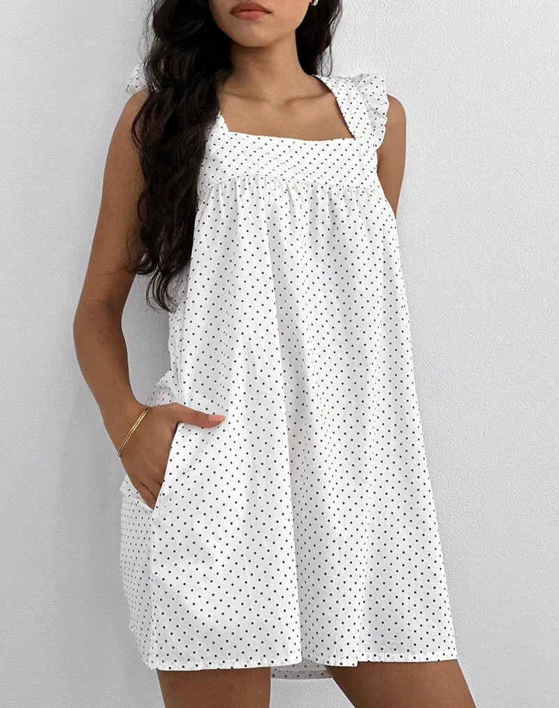 Sanaly Mini Dress in White with Black Micro Polka sold by Motel Rocks product image thumbnail 4