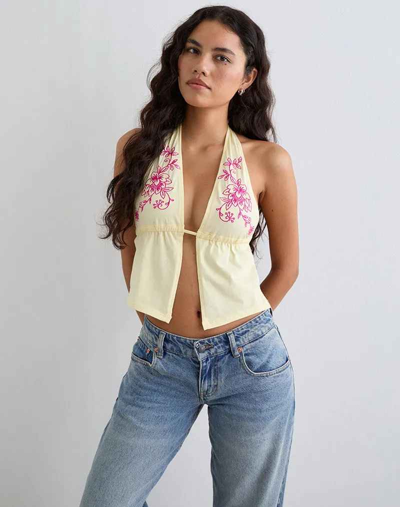 Kayria Tie Top in Lemon with Floral Pink Embroidery sold by Motel Rocks product image thumbnail 2