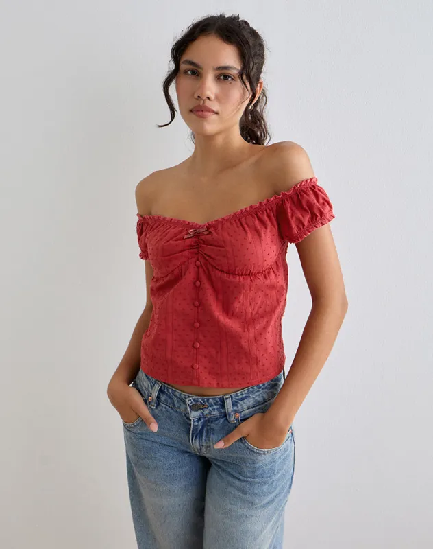 Fayra Bardot Corset Top in Cotton Dobby Red sold by Motel Rocks