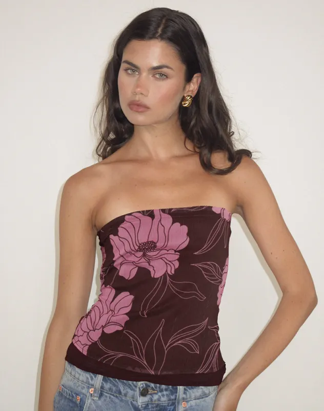 Varsha Bandeau Top in Flare Floral Pink Brown sold by Motel Rocks