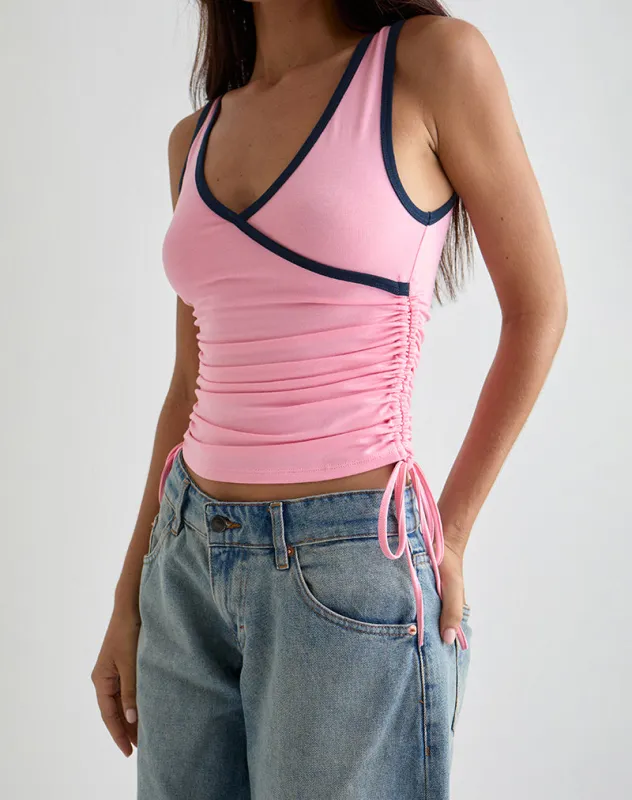 Laird Wrap Top in Ballet Pink with Navy Binding sold by Motel Rocks