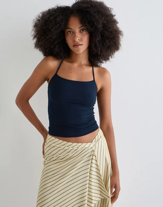 Tomoe Halter Neck Top in Rayon Jersey Navy made by Motel Rocks