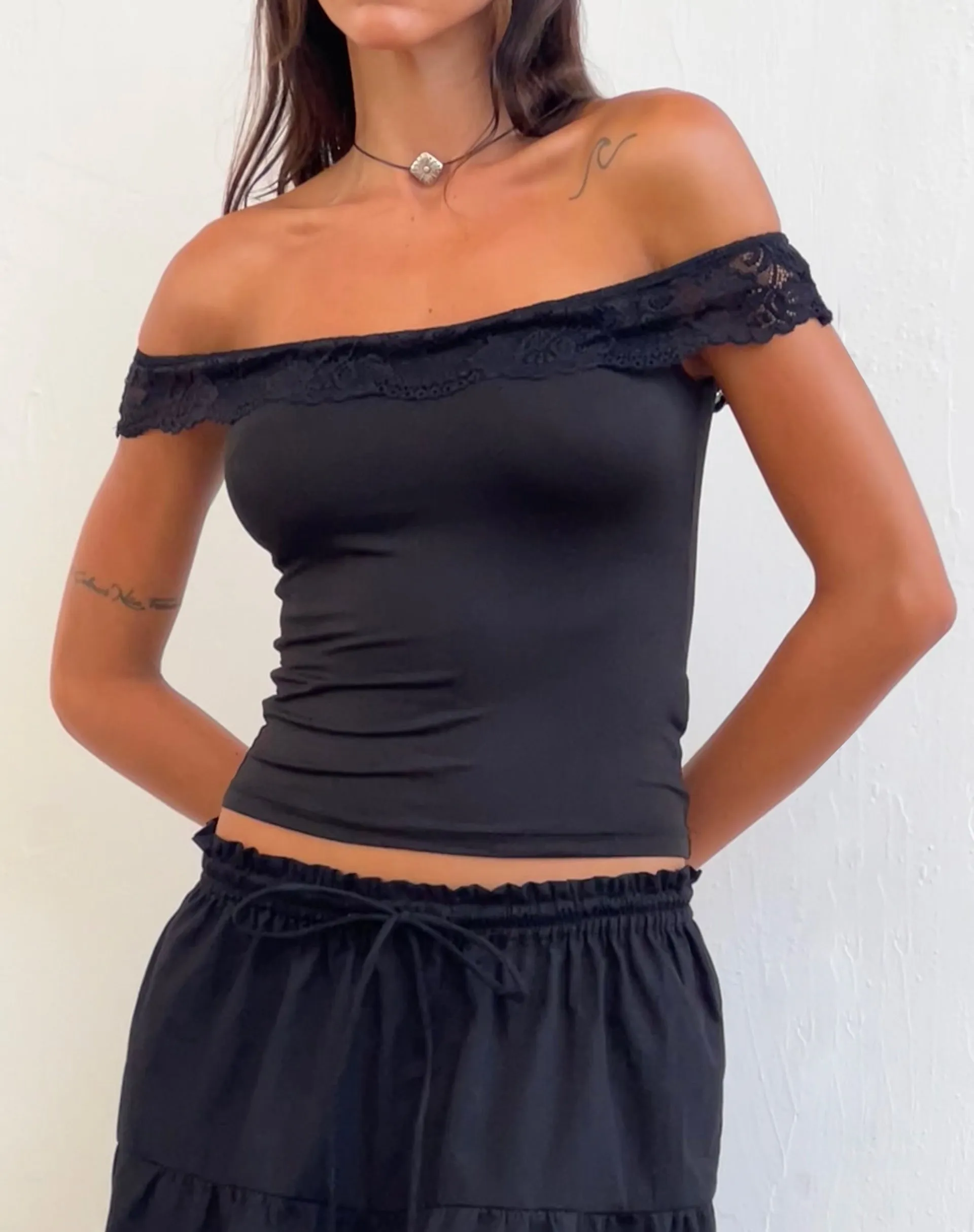 Nesel Bardot Top in Slinky Lace Black sold by Motel Rocks