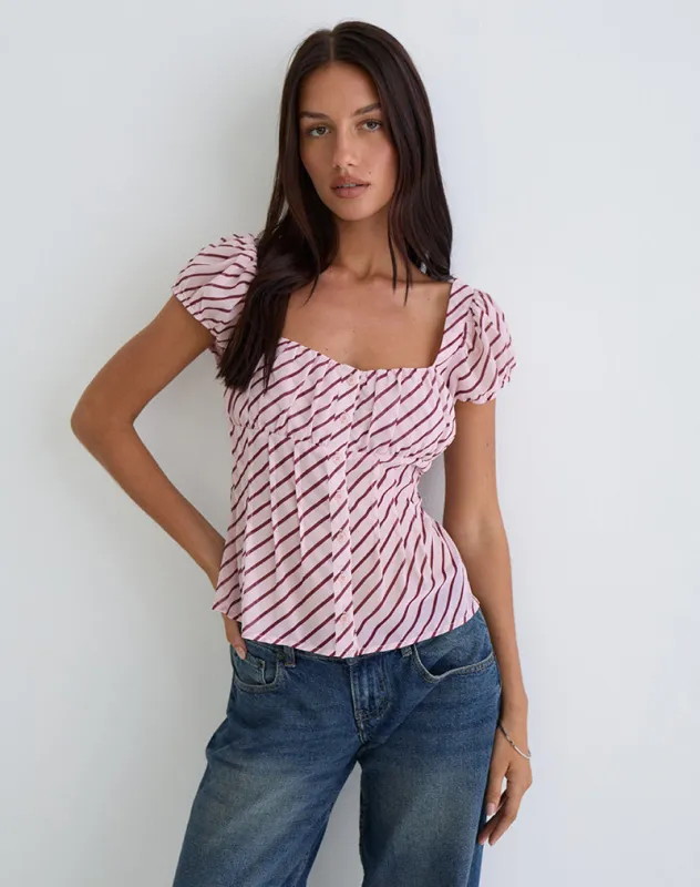 Rolina Blouse in Chiffon Stripe Pink and Burgundy sold by Motel Rocks