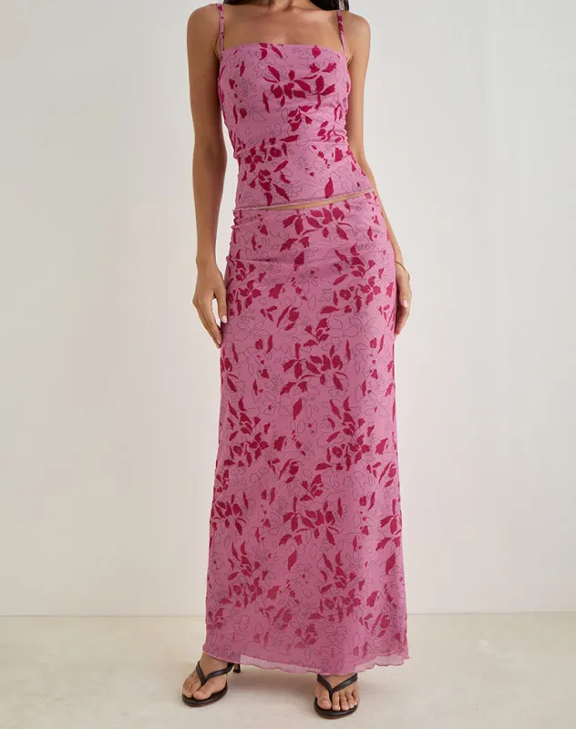 Alfreda Maxi Skirt in Stencil Flower Pink sold by Motel Rocks