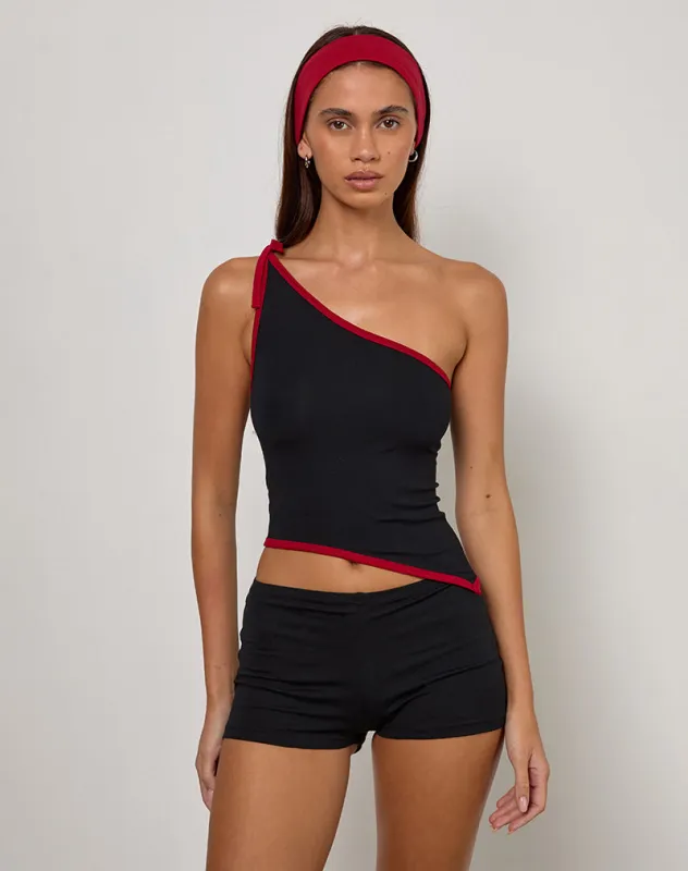 Lenti Asymmetric Top in Black with Adrenaline Red Binding sold by Motel Rocks