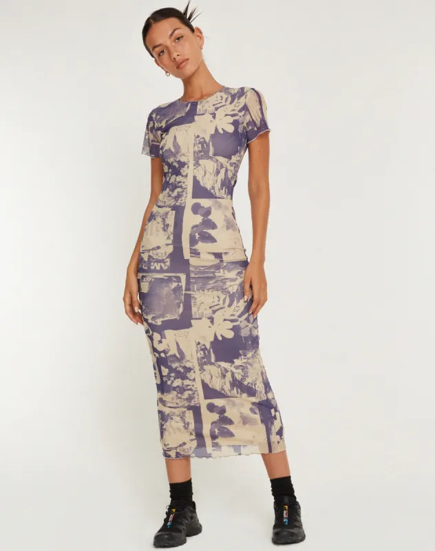 Roska Printed Mesh Midi Dress in Collage Floral Shadow Purple sold by Motel Rocks