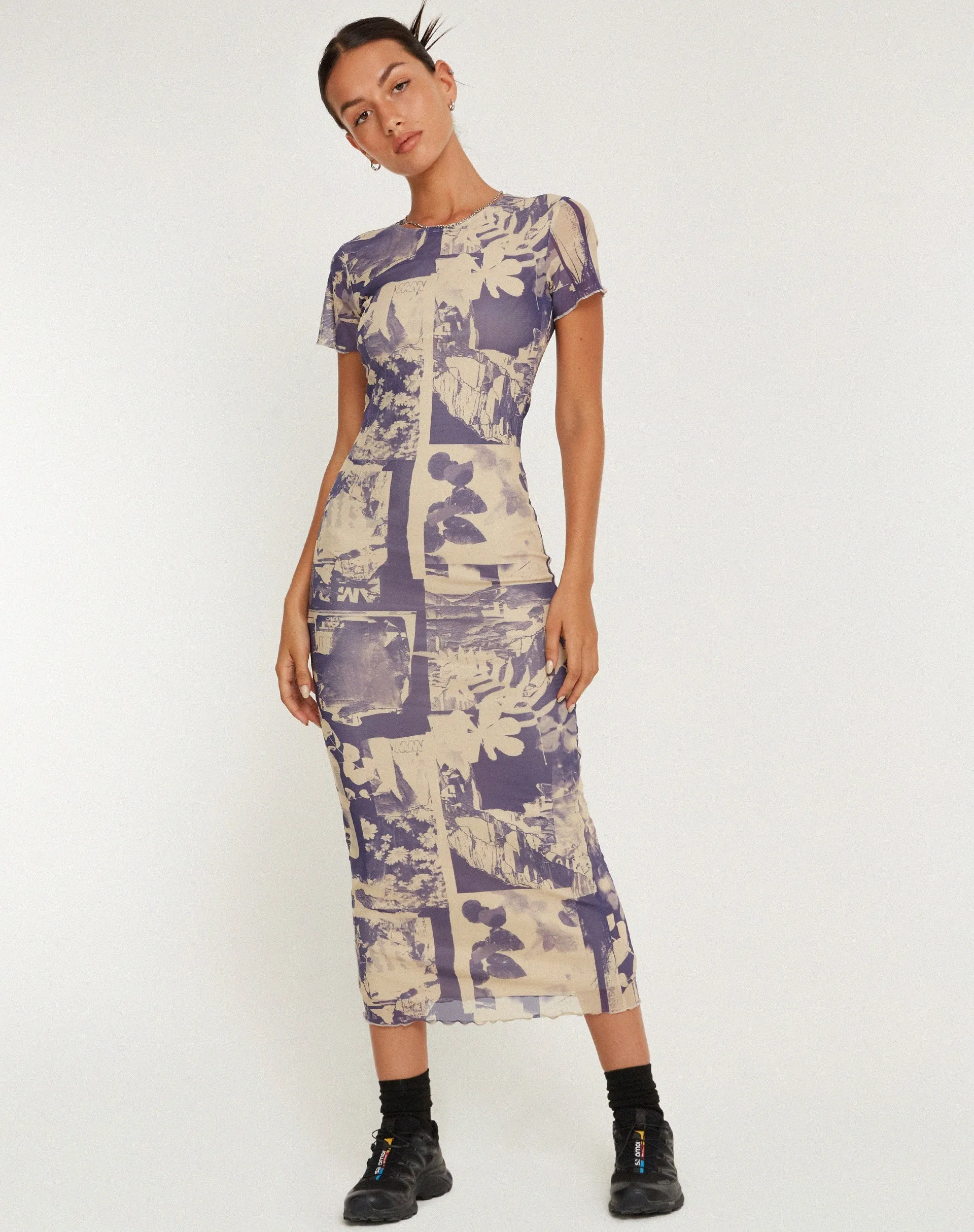 Roska Printed Mesh Midi Dress in Collage Floral Shadow Purple sold by Motel Rocks