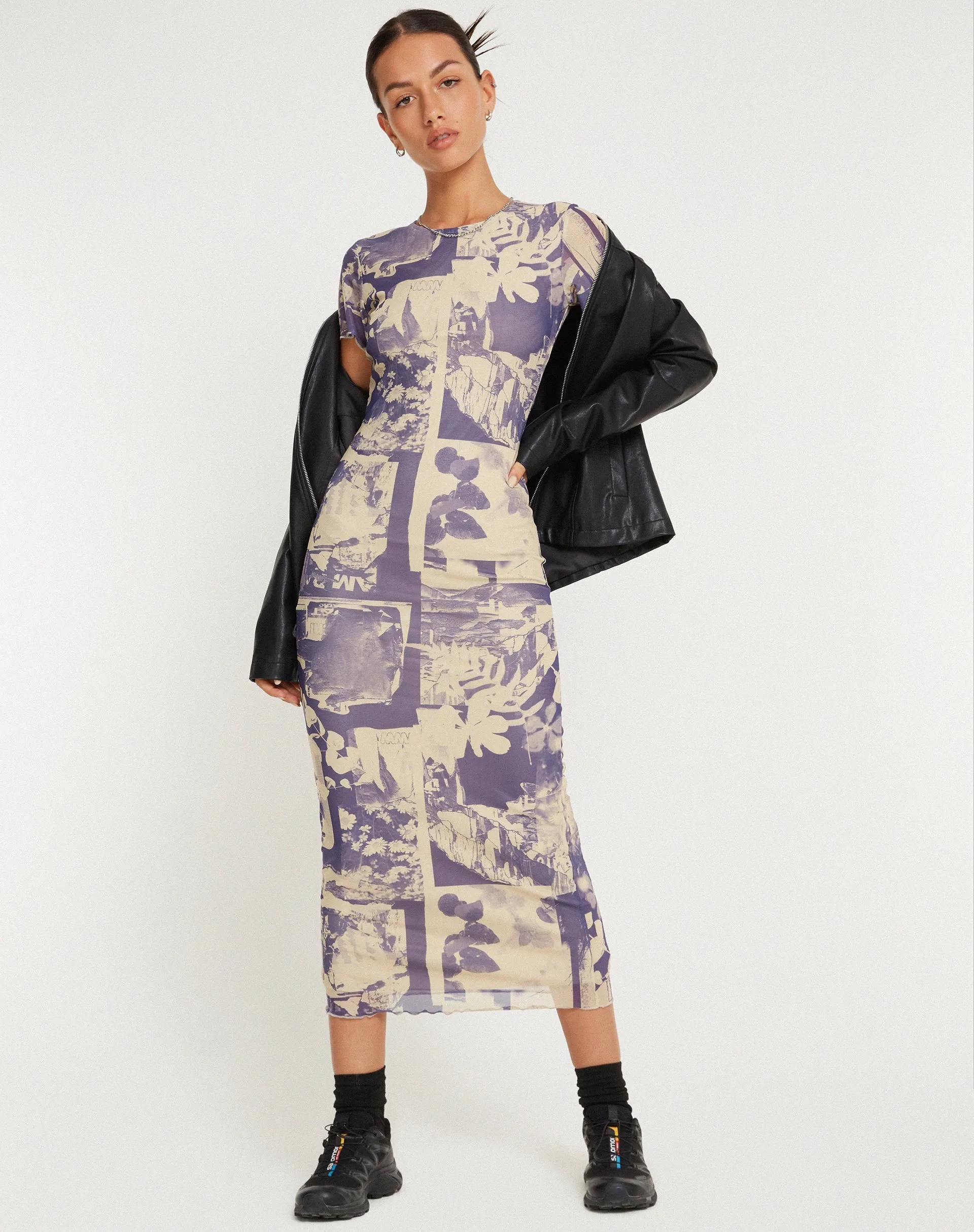 Roska Printed Mesh Midi Dress in Collage Floral Shadow Purple sold by Motel Rocks product image thumbnail 3