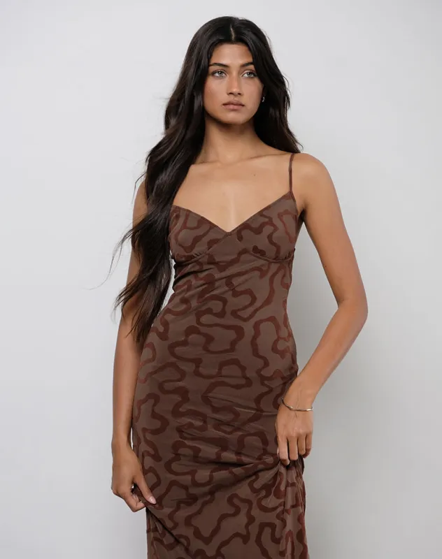 Kalana Maxi Dress in Brown Swirl Flock sold by Motel Rocks