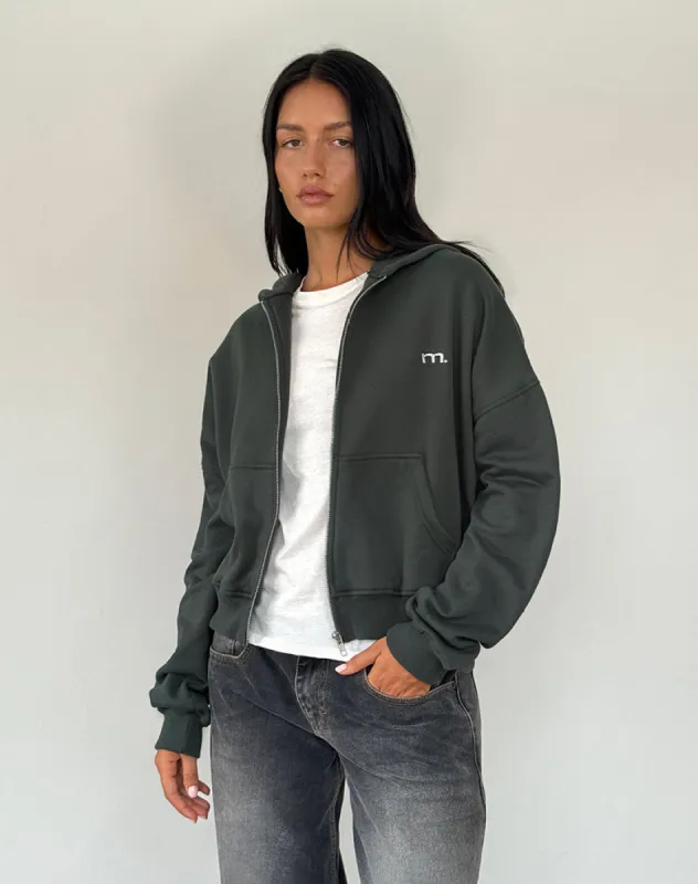 Zip Through Hoodie in Beluga with Light Grey M Embroidery sold by Motel Rocks