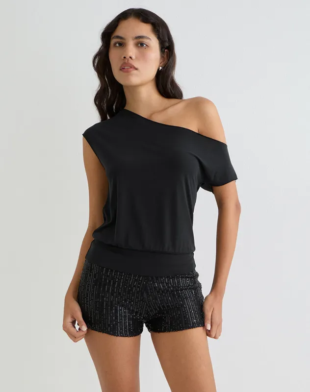 Elysian Asymmetric Top in Cupro Black sold by Motel Rocks