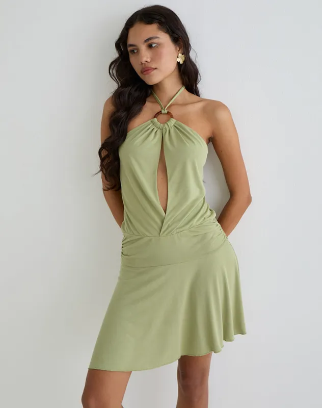 Saira Halter Neck Mini Dress in Sage sold by Motel Rocks