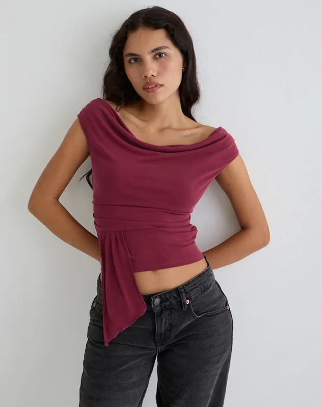 Neida Drape Top in Cupro Burgundy sold by Motel Rocks