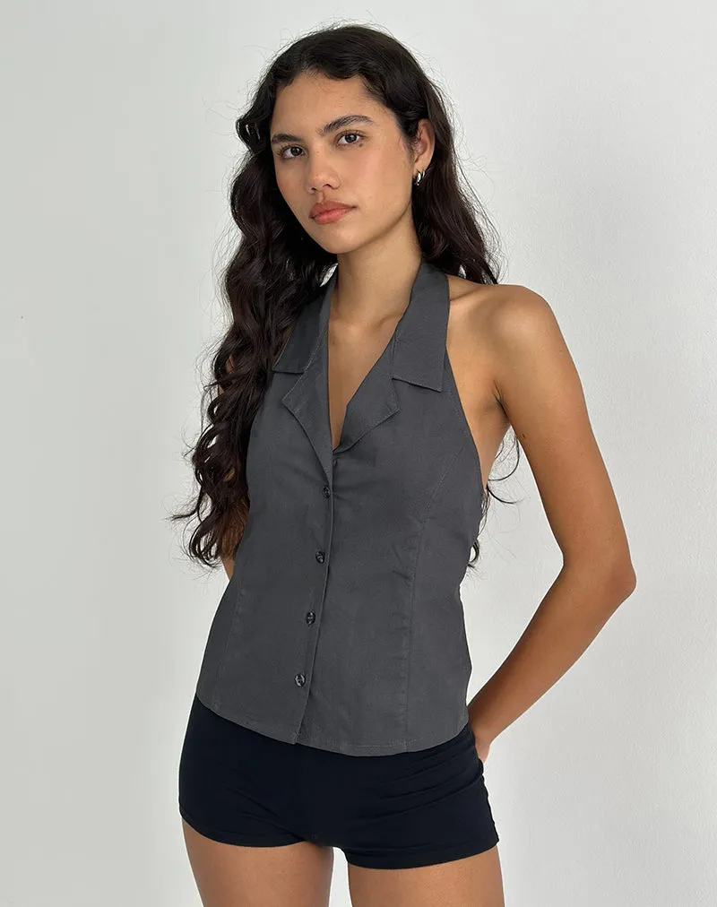 Mikanu Button Down Halterneck Blouse in Charcoal Grey sold by Motel Rocks product image thumbnail 3