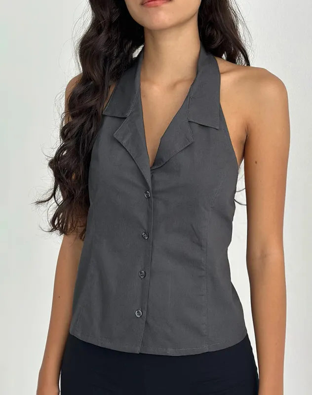 Mikanu Button Down Halterneck Blouse in Charcoal Grey made by Motel Rocks