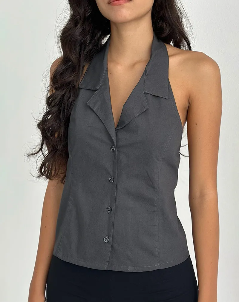 Mikanu Button Down Halterneck Blouse in Charcoal Grey sold by Motel Rocks