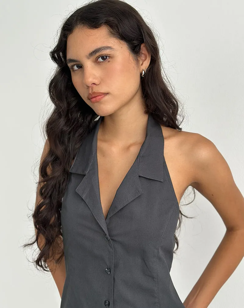 Mikanu Button Down Halterneck Blouse in Charcoal Grey sold by Motel Rocks product image thumbnail 4