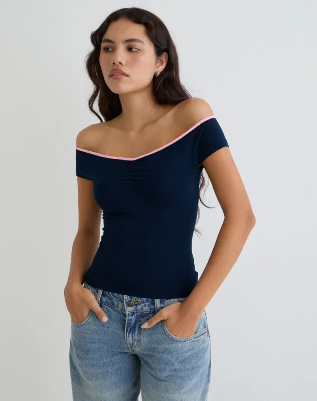 Mayomi Off the Shoulder Top in Navy with Pink Binding sold by Motel Rocks