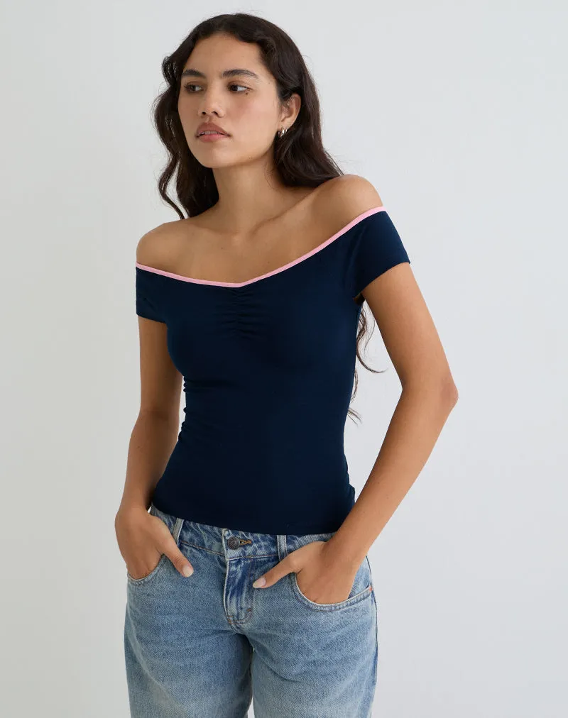 Mayomi Off the Shoulder Top in Navy with Pink Binding sold by Motel Rocks