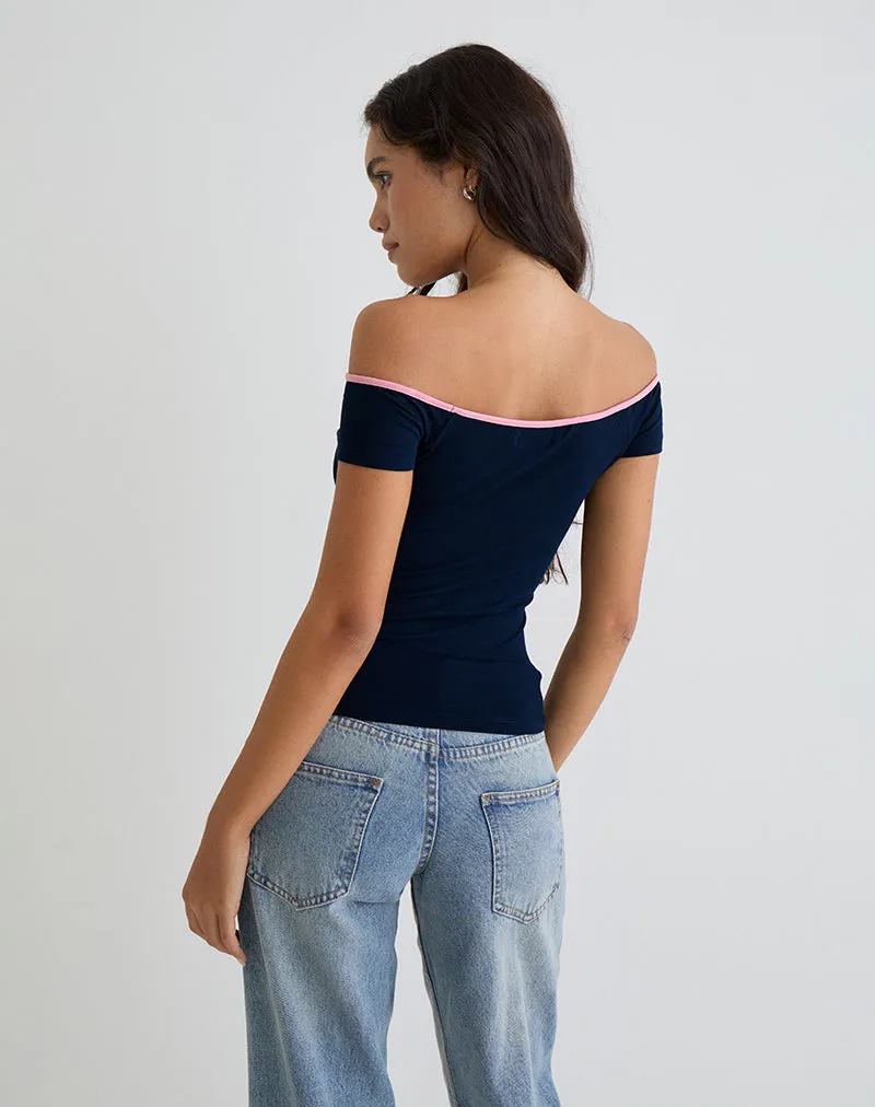 Mayomi Off the Shoulder Top in Navy with Pink Binding sold by Motel Rocks product image thumbnail 4
