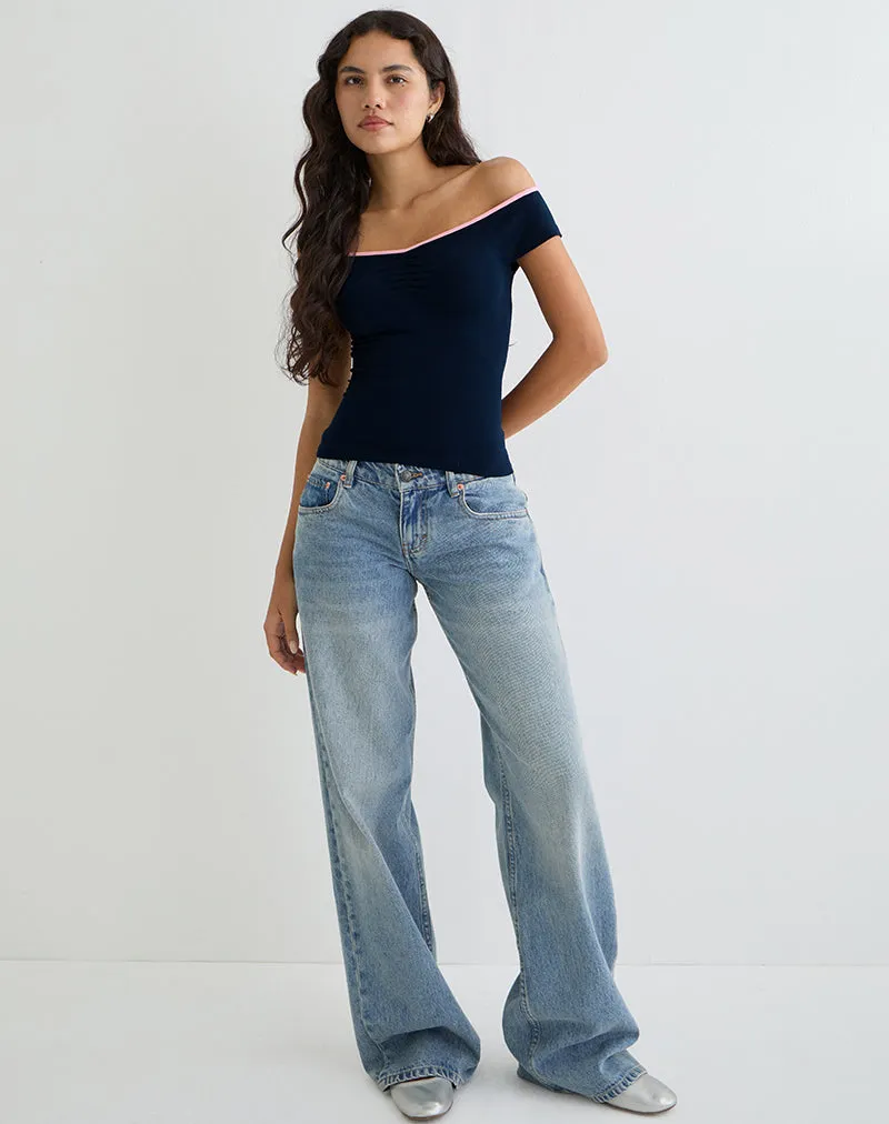 Mayomi Off the Shoulder Top in Navy with Pink Binding sold by Motel Rocks product image thumbnail 2