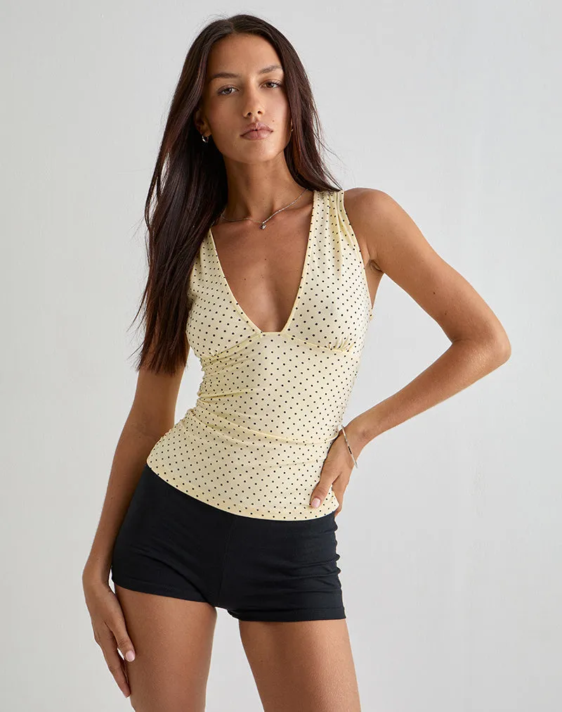 Lycia Plunge Top in Cream with Black Micro Polka Print sold by Motel Rocks