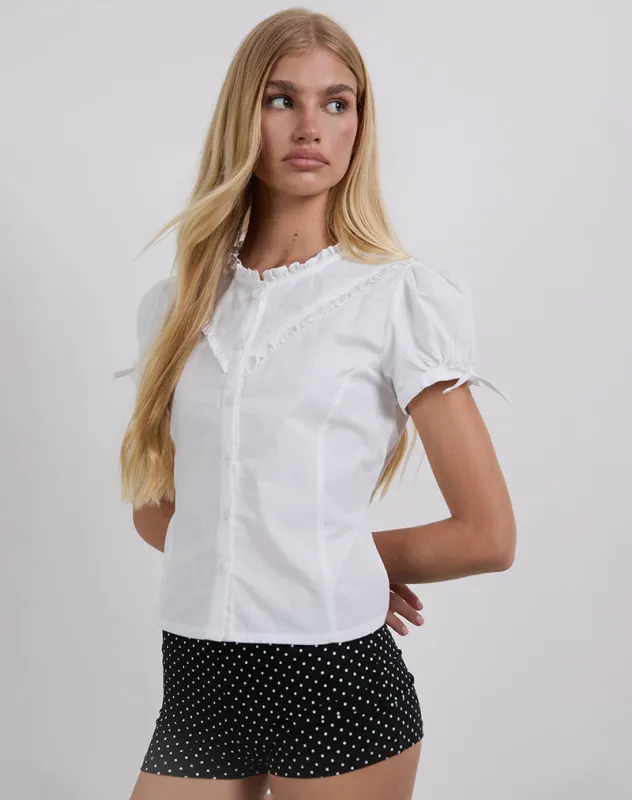Legra Frill Neck Shirt in Poplin White sold by Motel Rocks