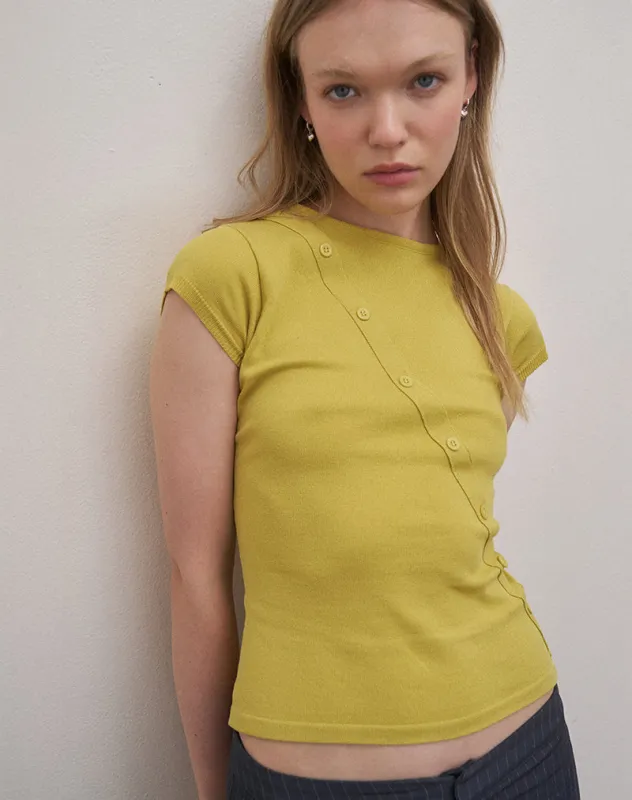 Elyra Asymmetric Top in Knit Golden Green sold by Motel Rocks