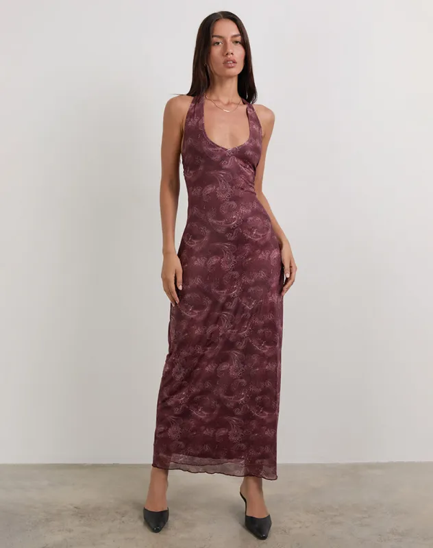 Datari Maxi Dress in Mesh Tonal Paisley Plum sold by Motel Rocks