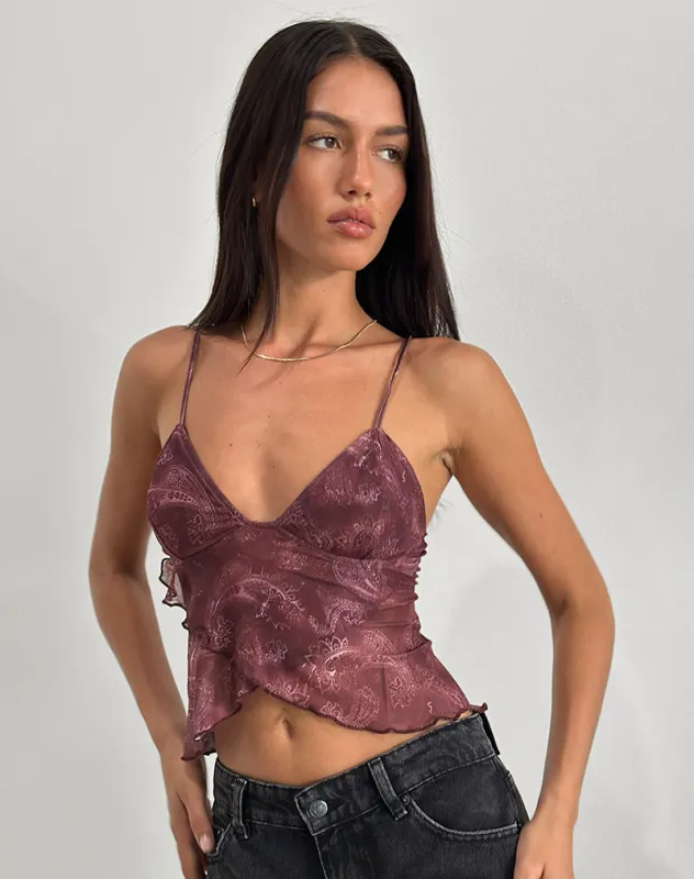 Cojira Top in Mesh Tonal Paisley Plum sold by Motel Rocks